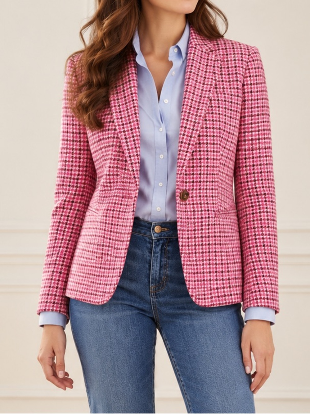 J. Crew Blazer Size 18 Pink Houndstooth Wool Blend One Button Preppy Career